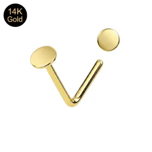 14K Solid Yellow Gold Plain Button Style L-Bend Nose Stud (22G)