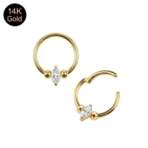 Open view of 14K solid gold prong-set marquise Swiss CZ hinged segment clicker ring SEG191-14K