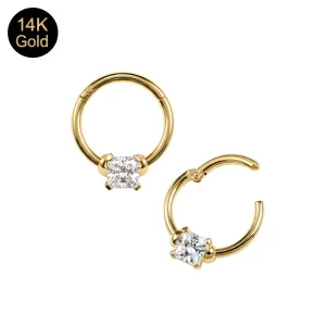 14K Solid Gold Prong-Set Square CZ Hinged Segment Clicker Ring | 18G 8mm