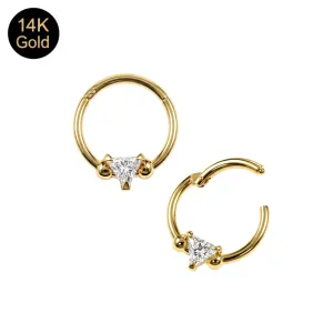 14K Solid Gold Prong-Set Triangle CZ Hinged Segment Clicker Ring | 18G 8mm