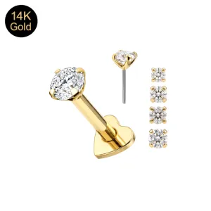 14K Solid Gold Round CZ Threadless Top with Titanium Heart Base Labret Post | 16G