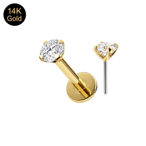 14K Solid Gold Round CZ Threadless Top with Titanium Labret Post (18G/16G)