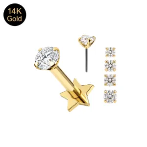 14K solid gold round CZ threadless top with titanium star base labret post 16G