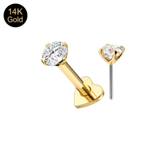14K Solid Gold Round CZ Threadless Top with Titanium Heart Base Labret Post | 16G