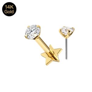 Angle view of 14K solid gold round CZ threadless top with titanium star base labret post 16G