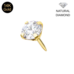 14K Solid Gold Round Natural Diamond Threadless Top with Gold Push Pin