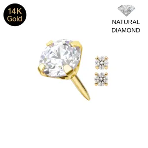 14K Solid Gold Round Natural Diamond Threadless Top with Gold Push Pin