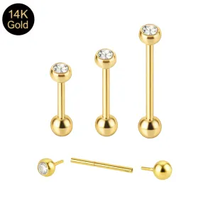 14K Solid Yellow Gold Internally Threaded Straight Barbell with CZ Jeweled Ball | 16G