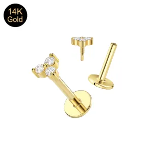 diamond-labret-threaded-set.webp	14K solid gold triple diamond trinity labret set showing threaded top and round flat-back base.