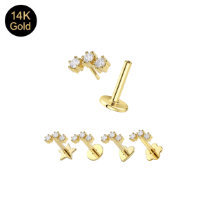 14K Solid Gold Internal Thread Triple Round CZ Cluster Labret – Choice of Backing