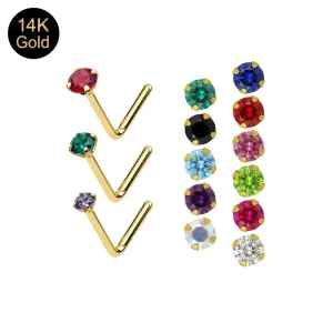 Main collection view of 14k solid yellow gold L-bend nose studs with multi-colored prong-set crystals.