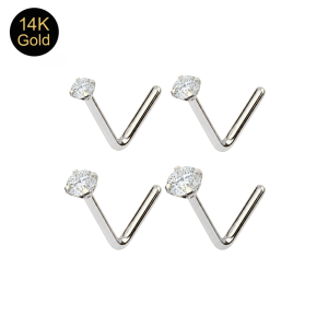 14K Solid Gold Brilliant CZ L-Bend Nose Stud (18G–24G)