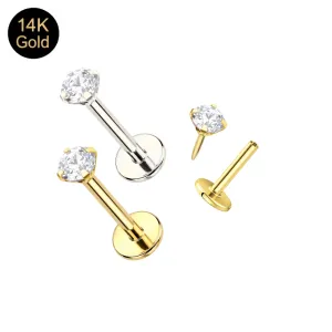 Visual metal comparison of ETP309 threadless labrets in 14K yellow gold and white gold.