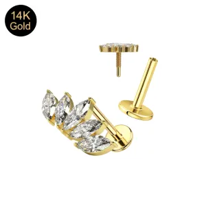 14K solid yellow gold internally threaded labret featuring a 5-stone marquise CZ crown cluster with a separate view of the threaded pin and smooth flat-back post.