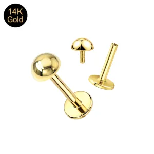 14K solid yellow gold internally threaded labret showing the polished dome top, integrated threaded pin, and smooth hollow 16G post.