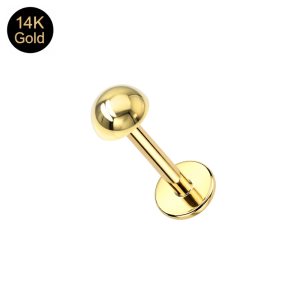 Assembled 14K solid yellow gold 16G labret featuring a high-polish dome top and flat-back disk for cartilage piercings.