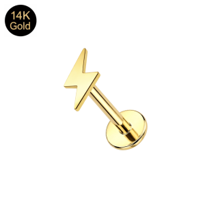 Assembled 14K solid yellow gold 16G labret with a high-polish 7mm lightning bolt top and flat-back disk.