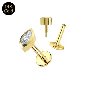 14K solid yellow gold internally threaded labret featuring a bezel-set marquise CZ top and a separate view of the threaded pin and smooth hollow post.