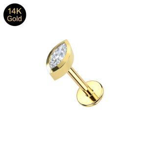 Fully assembled 14K solid yellow gold internally threaded labret with a modern bezel-set marquise CZ and high-polish 3mm flat disk base.