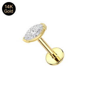 14K Solid Yellow Gold Marquise CZ Prong-Set Internally Threaded Labret (18G/16G)