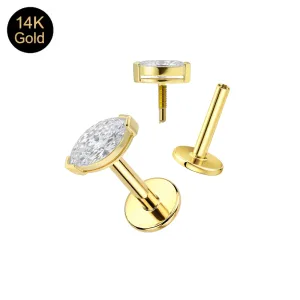 14K Solid Yellow Gold Marquise CZ Prong-Set Internally Threaded Labret (18G/16G)