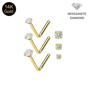 14K Solid Yellow Gold Moissanite Diamond Claw-Set L-Bend Nose Stud | 22G