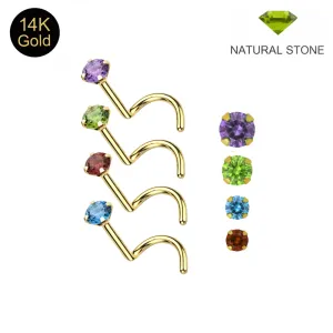 14K Solid Yellow Gold Claw-Set Natural Stone Screw Nose Stud | 22G