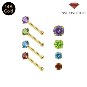 14K Solid Yellow Gold Prism Natural Stone Claw-Set Ball end Nose Pin | 22G