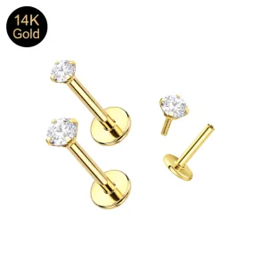 14K solid yellow gold internally threaded labret set with 2mm and 3mm round cubic zirconia, showing the threaded stone top and smooth 16G post.