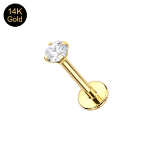 Assembled 14K solid yellow gold 16G labret with a high-shine round CZ prong setting and flat-back disk.