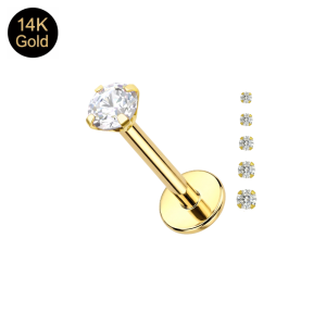 14K solid yellow gold threadless labret stud ETP309 with prong-set round cubic zirconia.