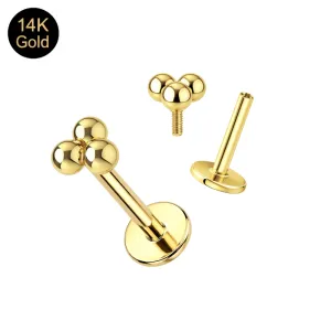 14K solid yellow gold internally threaded trinity ball labret showing the 3-ball cluster top, threaded pin, and smooth hollow 16G post.