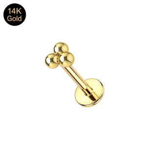 Assembled 14K solid yellow gold 16G labret with a high-polish trinity ball top and flat-back disk for cartilage piercings.