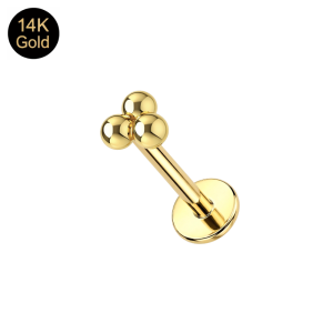 Assembled 14K solid yellow gold 16G labret featuring a polished 4mm trinity dome cluster and flat-back disk.