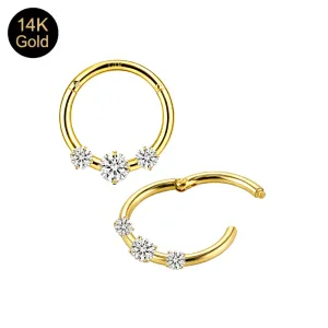 14K Solid Yellow Gold Triple-Set CZ Jeweled Hinged Segment Clicker | 18G