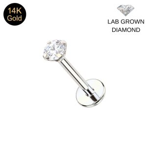 Close up of the 14K white gold labret with a brilliant cut VS lab grown diamond.