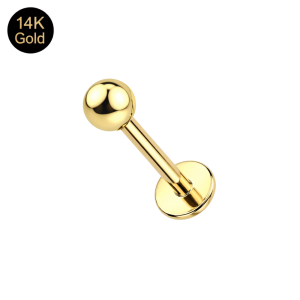 Macro view of a high-polish 3mm ball top and 16G post in 14K solid yellow gold.