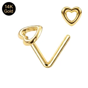 14K Yellow Gold Heart Cut Out L-Shape Nose Stud | 22G 6mm