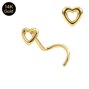 14K solid yellow gold heart cut out nose screw stud with 22G curved post, 6mm wearable straight length, and polished open heart silhouette top