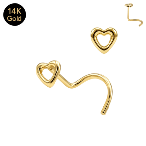 Solid 14K yellow gold nose screw stud showcasing an open cutout heart silhouette.