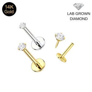 14K Yellow and White Gold labret set with lab grown diamonds, showing separate threadless tops and bases.