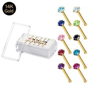 14K Gold Crystal Jeweled Ball End Nose Pin | Different stone size and color