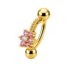 14K Gold Jeweled Floral Flower Reverse Dangling Navel Belly Ring