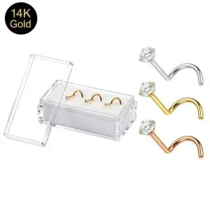 14K Gold Round Cubic Zirconia Nose Screw Box | 18G