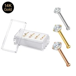 14K Gold Round Jeweled Ball End Nose Pin | 22G | 8 pieces box