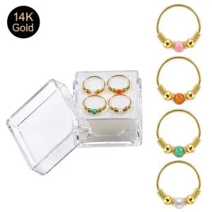 14K Gold Spring Coil end with Opal center Hoop Ring in display box | Different opal color