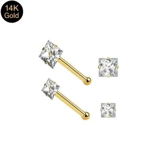 14K Gold Square Jeweled Ball End Nose Pin