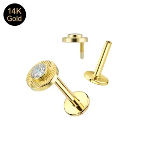 14K solid gold 5mm laser cut button CZ labret set with choice of decorative base.
