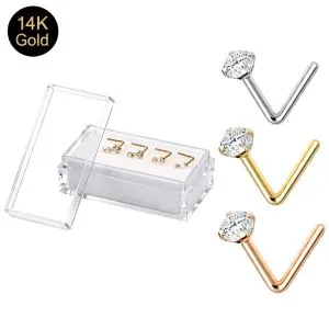 14K Solid Gold CZ L-Bend Nose Stud | 18G, 20G, 22G, 24G