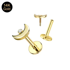 14K Solid Gold CZ Crescent Moon Internally Threaded Labret – Choice of Base